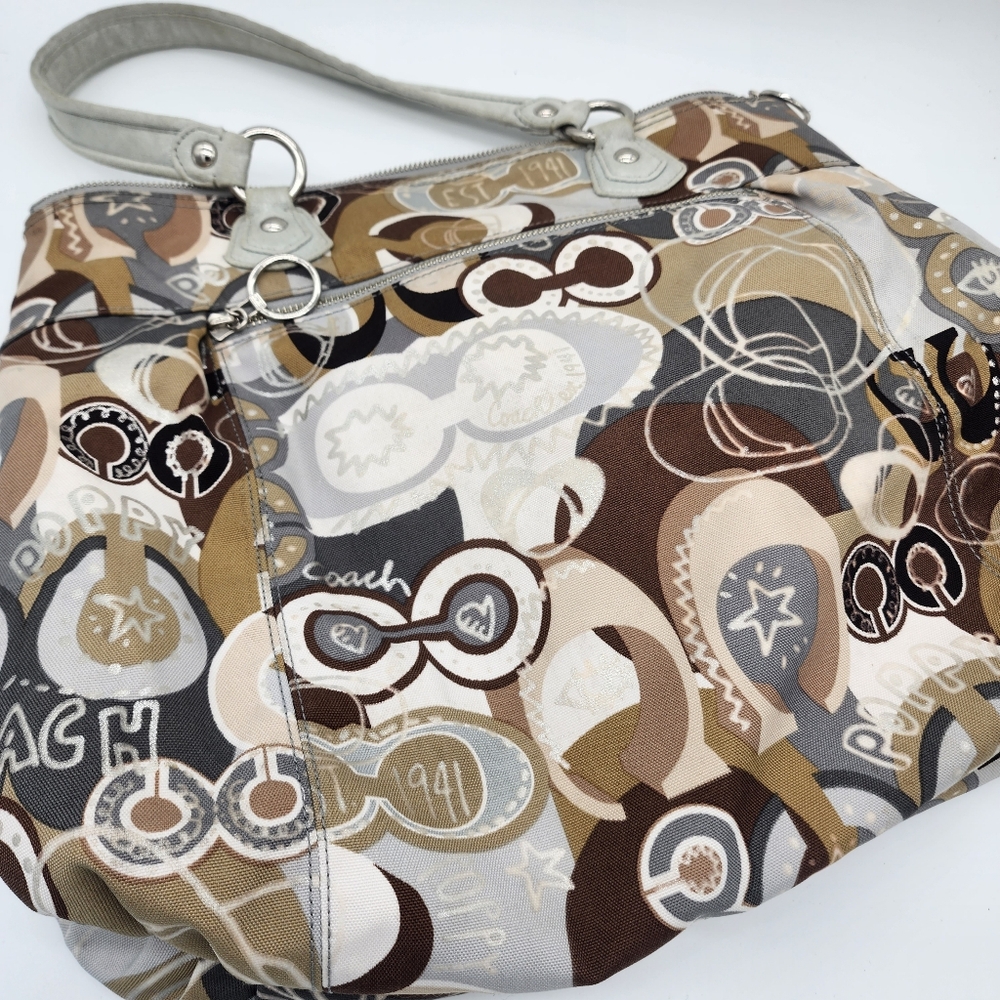 Coach Poppy Graffiti Glam Tote Canvas Silver Cream Tan Brown FLAWS - Picture 10 of 15